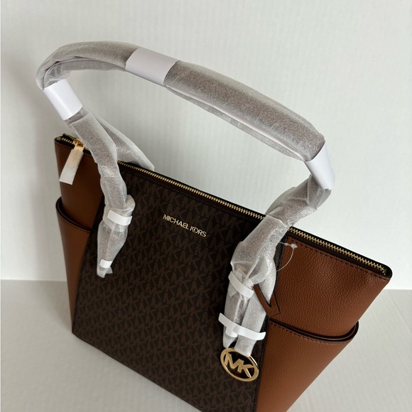 NWT Michael Kors Charlotte Top Zip Tote MK Signature Shoulder Bag Brown - Picture 10 of 15